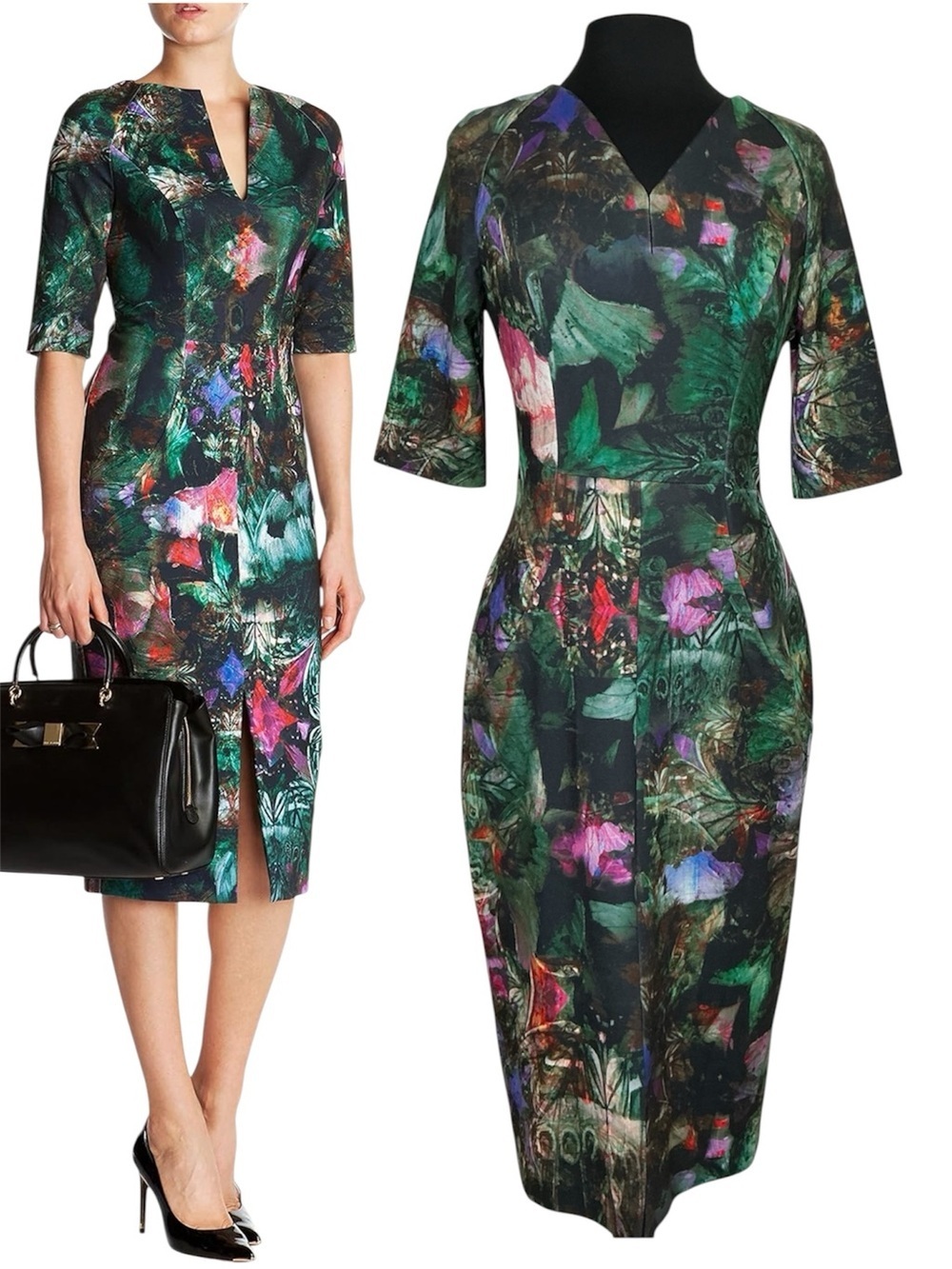 Ted Baker Floral Green Sheath Dress with V-Neck Size 3